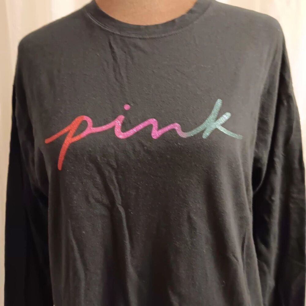 Women Black Long Sleeve Pink V Secret Tee Logo Preppy Casual Sz XS Lounge Top